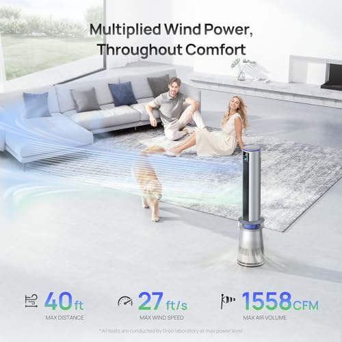 Dreo Air Purifier Tower Fan, 45" 2-in-1 Smart Fan for Bedroom, 27ft/s Velocity, 120°Oscillation, 24H Timer, APP Control Bladeless Fans for Home, 25dB Low Noise, Standing Fan Works with Alexa, MC710S