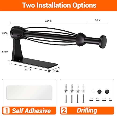 Paper Towel Holder Under Cabinet, Single Hand Operable Wall Mount with Damping Effect, Self-Adhesive or Drilled for Kitchen Bathroom, Black