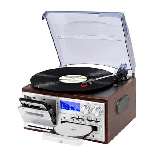 Record Player 9 in 1 3 Speed Bluetooth Vintage Turntable CD Cassette Vinyl Player AM/FM Radio USB/SD Encoding Aux-in RCA Line-Out (Silver)