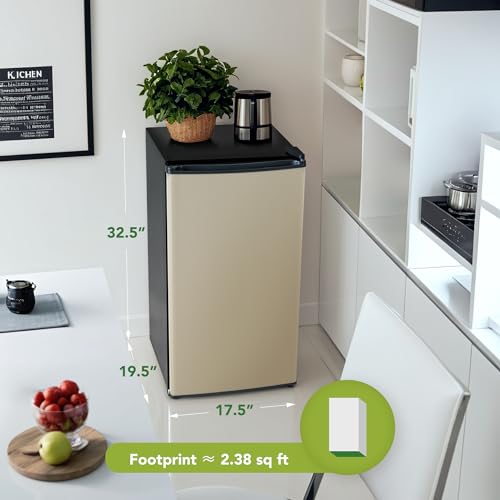 3.2 Cu.Ft Mini Fridge with Freezer, Mini Fridge for Bedroom Office Dorm, Small Refrigerator Fridge with Reversible Door, Low Noise, Energy Saving, Champagne
