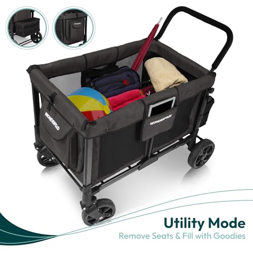 WONDERFOLD W4 Original Quad Stroller Wagon (4 Seater) - Collapsible Wagon Stroller with Seats with 5-Point Harnesses, Easy Access Zipper Door, and Removable Sun Canopy, Gray