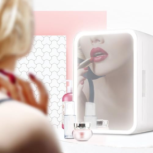 Skincare Fridge with LED Light Mirror, 4L Mirrored Door Makeup Mini Refrigerator for Bedroom, Car, Office, Dorm, Portable Small Personal Beauty Fridge for Cosmetics, Skin