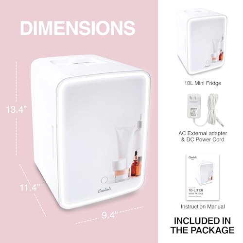 Cooluli Glow 10L Mini Skincare Fridge with Mirror & LED Light - Small Refrigerator for Skin Care, Makeup, Beauty, Cosmetics, Food & Drinks, White