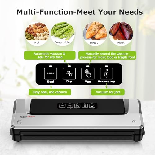 Bonsenkitchen Vacuum Sealer Machine, Fast-Compact Food Sealer, Globefish Technology for High-Speed Continuous Working, Multi-Functional Food Vacuum Sealer with Vacuum Bags & Accessory Hose, Silver