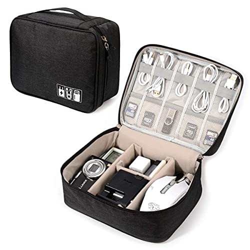 Electronic Organizer Travel Universal Cable Organizer Electronics Accessories Storage Bag Gadget Gear Cases for iPad Mini, Kindle, Smartphone, Cable, Charger, Power Bank, USB, SD Card (Black)