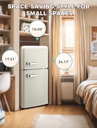 3.2Cu.Ft Compact Refrigerator Mini Fridge with Freezer, 2 Door Retro Small Refrigerator with Freezer, 7 Level Thermostat and Removable Shelves, Mini Fridge for Bedroom Office Apartment Dorm Bar