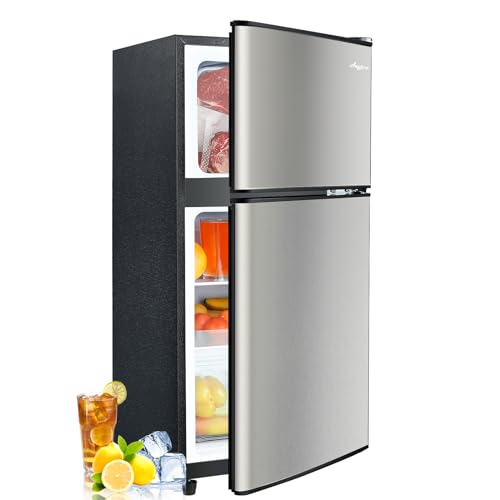 3.2 Cu.Ft Mini Fridge with Freezer, 2 Door Compact Refrigerator, Small Fridge with 7 Level Thermostat & LED Light, Small Refrigerator with Freezer for Bedroom, Office, Dorm, Silver