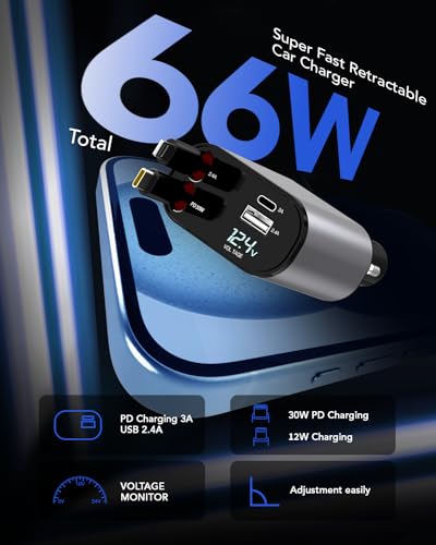Retractable Car Charger, 4 in 1 Fast Car Phone Charger 66W, 2 Retractable Cables and USB Car Charger,Compatible with iPhone 15/14/13/12/11,Galaxy,Pixel