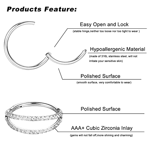 Dochais 4PCS 18G Nose Rings Hoops, Surgical Steel Earrings Tragus Septum Piercing CZ Clicker Septum Ring Hinged Segment Septum Conch Lip Cartilage Double Hoops 8mm 10mm For Women Men