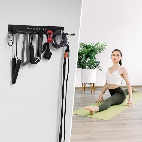 Gym Rack Organizer with 8 Hooks, 3mm Thickness Home Gym Equipment Multi-Purpose Workout Gear Wall Rack Hanger Storage for Barbells, Jump Ropes, Chains, Lifting Belts Resistance Bands