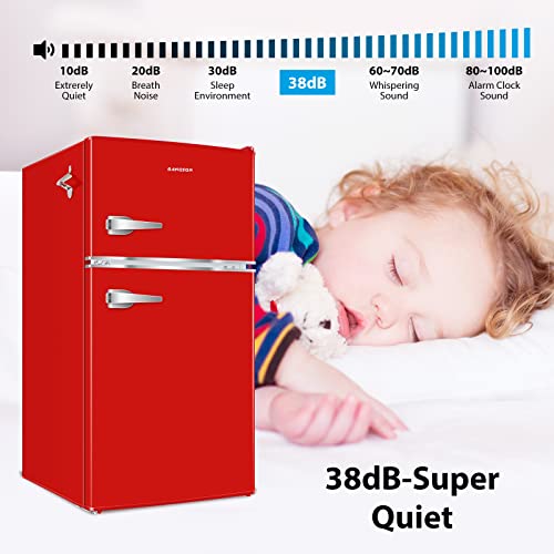 BANGSON Mini Fridge with Freezer, 3.2 CU.FT Small Refrigerator with Freezer, Door Handle, Bottle Opener, For Bedroom, Dorm, Office, Home, Garage or RV, (Red)
