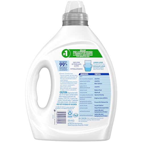all Liquid Laundry Detergent, Free Clear for Sensitive Skin, Unscented and Hypoallergenic, 2X Concentrated, 110 Loads