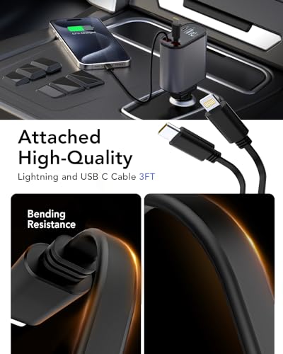 Retractable Car Charger, 4 in 1 Fast Car Phone Charger 66W, 2 Retractable Cables and USB Car Charger,Compatible with iPhone 15/14/13/12/11,Galaxy,Pixel