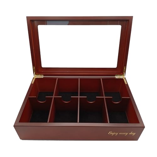 BJOYFUL&LOVED BJL Tea Bag Organizer, Wooden Tea Box with 8 Compartments, Large Capacity Tea Holder for Storage, Decorative Vintage Handmade Tea Container, Cherry Color, with Window Lid