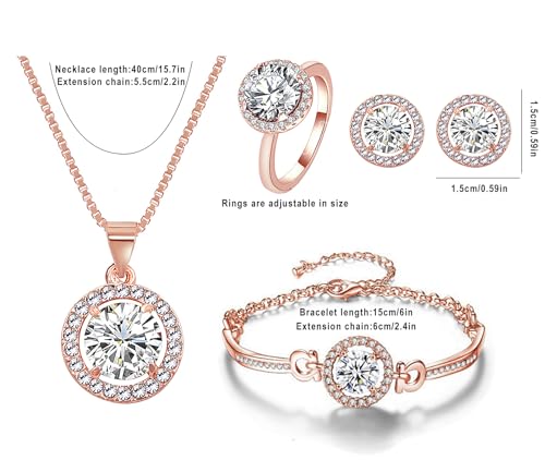 Women 4Pieces Cubic Zirconia Jewellery Set Rhinestone Necklace Earrings Bracelet Ring