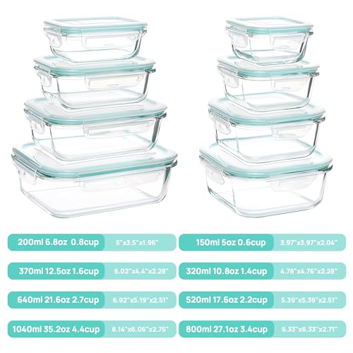 Vtopmart 8 Pack Glass Food Storage Containers , Meal Prep , Airtight Bento Boxes with Leak Proof Locking Lids, for Microwave, Oven, Freezer and Dishwasher, BPA Free
