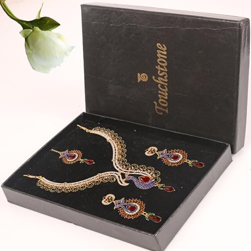 Touchstone Indian Bollywood White Rhinestone Blue Faux Sapphire deep red Faux Ruby and Faceted Glass Drops Ethnic Peacock Motif Bridal Designer Jewelry Necklace Set for Women in Antique Gold Tone