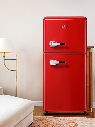 KRIB BLING Retro Fridge With Freezer,3.5 Cu. Ft Refrigerator With 2 Doors,7- Level Adjustable Thermostat, Removable Glass Shelves For Bedroom, Office, Kitchen, Apartment, Dorm, Red