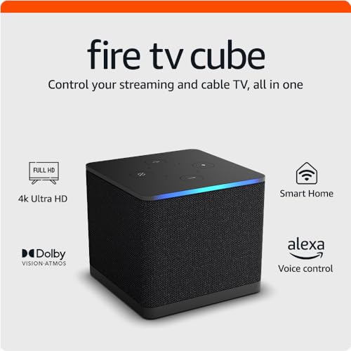 Amazon Fire TV Cube, Hands-free 4K ultra HD streaming device, free and live TV without satellite or cable, Wi-Fi 6E support