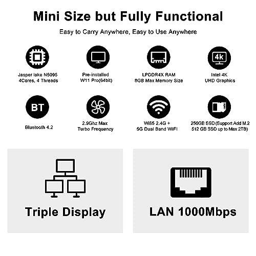 2023 Latest Mini PC, N5095 Desktop Computer, 8GB DDR4X RAM/256GB M.2 2280 SSD+Expandable M.2 2242 SSD+M.2 WiFi, 4K Triple Display with Mouse/USB/BT/LAN/HD/Type-C/Metal Frame-Gold