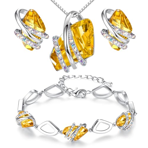 Leafael Wish Stone Necklace, Stud Earrings and Bracelet Jewelry Set for Women, November Birthstone Citrine Yellow Crystal Jewelry, Silver Tone Gifts for Women
