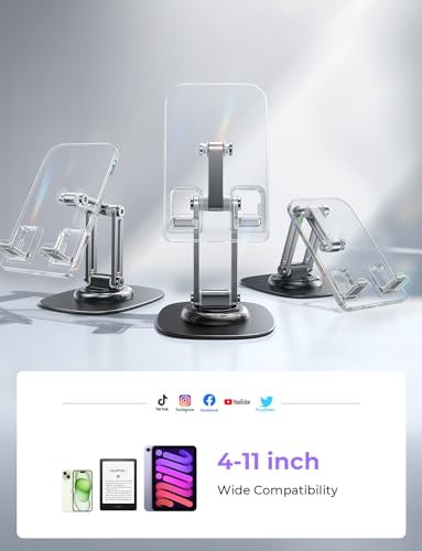LISEN for iPhone Stand for Desk Portable Cell Phone Stand for Desk 360 Adjustable for iPhone Holder for Desk Foldable Acrylic Aesthetic Desk Accessories for iPhone 15 14 13 Pro Max Switch Kindle 4-11"