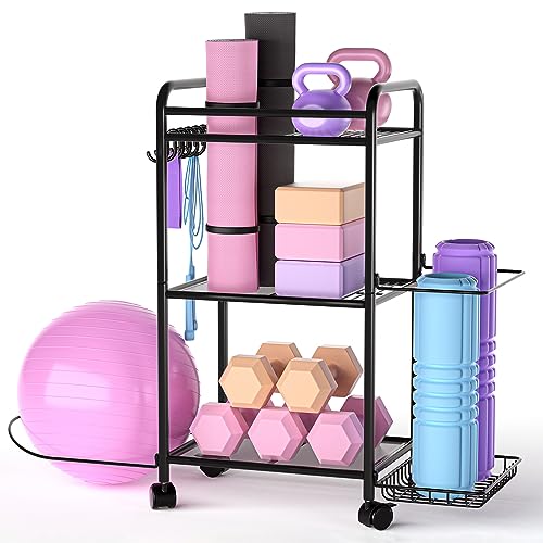 Home Gym storage Rack - Gym Equipment Storage Rack for Yoga Mat Yoga Ball Dumbbells Kettlebells Foam Roller Yoga Strap and Resistance Bands Workout Equipment Organizer