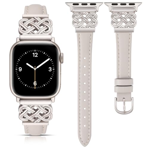 TOYOUTHS Leather Band Compatible with Apple Watch Bands 38/40/41/42/44/45/49mm Women, Slim Leather Strap with Designer Dressy Interlock Buckle for iWatch Series 9/8/7/6/5/SE/4/3/2/1 Ultra/Ultra 2