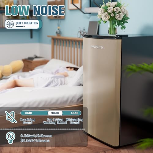 3.2 Cu. Ft Mini Fridge with Freezer for Bedroom, Dorm, Office, Compact Refrigerator with Adjustable Thermostat, Removable Glass Shelves and Reversible Door (Gold)