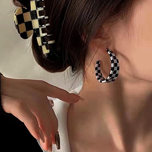 Vintage Black White Striped Earrings Acrylic Checkered Earrings Checkerboard Dangle Earrings Striped Checkered Hoop Earrings Jewellery for Women and Girls