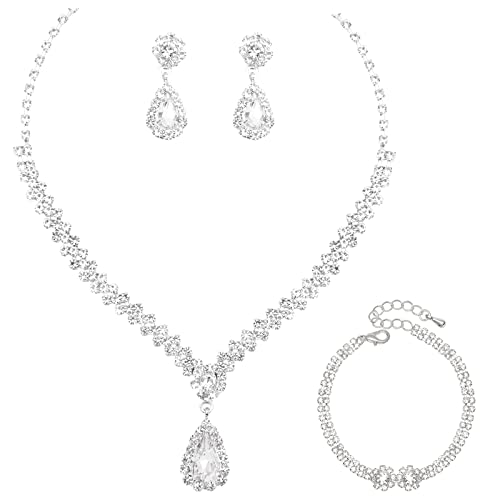Bride Crystal Necklace Earrings Bracelets Set Bridal Wedding Jewelry Sets Bride Bridesmaid Prom Costume Jewelry Set for Women Girls