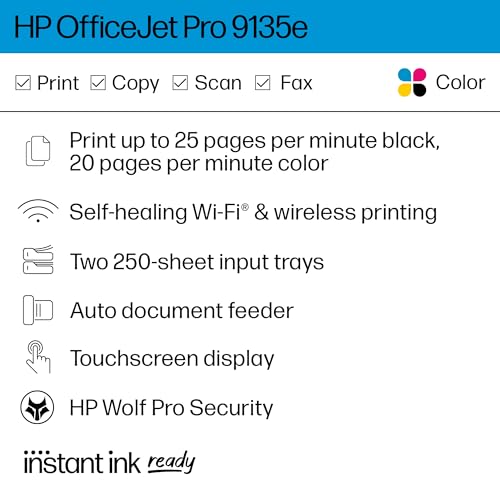 HP OfficeJet Pro 9135e All-in-One Printer, Color, Printer-for-Small Medium Business, Print, Copy, scan, fax, Wireless Instant Ink Eligible (3 months included); Two-Sided Printing; Two-Sided scanning;