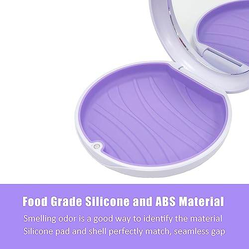 Retainer Case,Aligner Case with Mirror,Round Retainer Holder with Aligner Remover Tool, Chew & Brush,Rope Bag Sets (White Shell Purple Silicone)