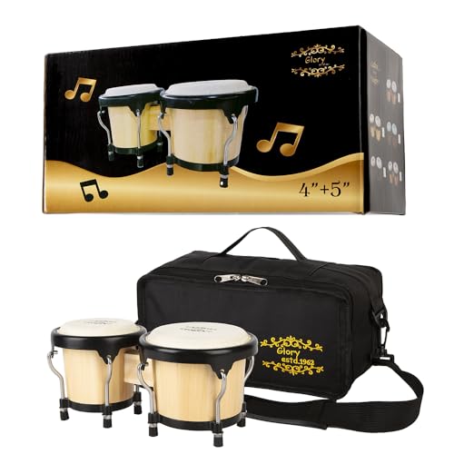 Glory Bongo Drums 4” and 5” Wood Percussion Instrument Bongos with bag and tuning Key,Natural