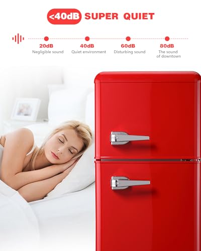 3.5 Cu.Ft Small Refrigerator with freezer, Compact Refrigerator, Retro Fridge with Dual Door,7 Level Adjustable Thermostat for Garage, Dorm,Bedroom, Office, Apartment-Red