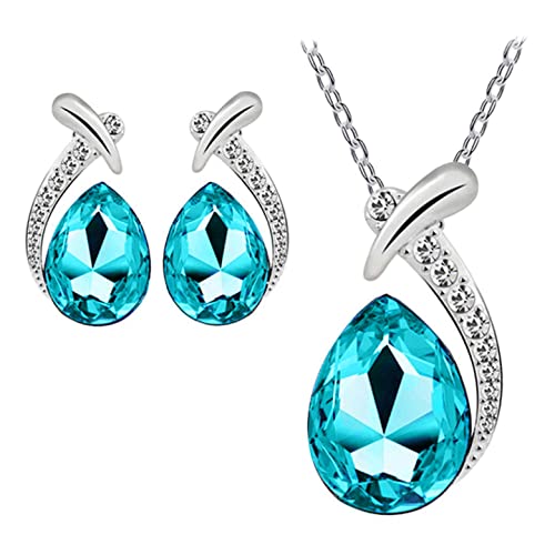 Shiny Fashion Crystal Rhinstone Teardrop Pendent Chain Necklace Stud Earrings Jewelry Set for Women Lady Wife Wedding Birthday Party Prom Gifts