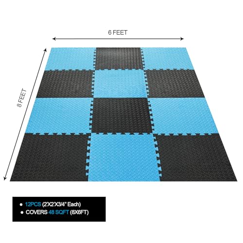 3/4 in Thick 48 Sq Ft EVA Foam Exercise Gym Mats 12 Pcs - Interlocking Puzzle Floor Tiles for Home Gym Heavy Workout Equipment Flooring - 24 x 24in Tile, Black & Blue