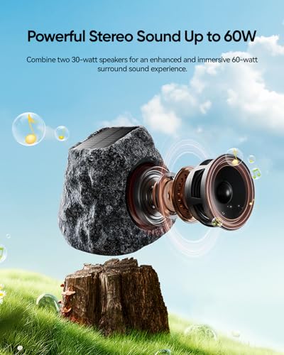 Outdoor Rock Bluetooth Speakers - 60W Deep Bass IPX7 Waterproof Speaker, Solar-Powered, Wireless Connectivity, Weatherproof Design, Perfect for Pool, Garden, Deck, and Outdoor Activities -2 Pack
