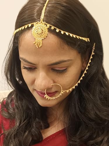 Efulgenz Gold Tone Indian Jewelry for Women Bridal Hair Jewelry for Women Dubai Style Matha Patti with Indian Nose Rings Hoop with Chain Nath Nathni Nose Pin Stud Fake Septum Ring Gold Tone Floral Maang Tikka Headpiece Hair Accessories