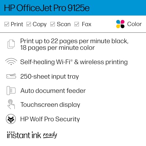 HP OfficeJet Pro 9125e All-in-One Printer, Color, Printer-for-Small Medium Business, Print, Copy, scan, fax, Instant Ink Eligible (3 months included) ; Touchscreen; Smart Advance Scan;