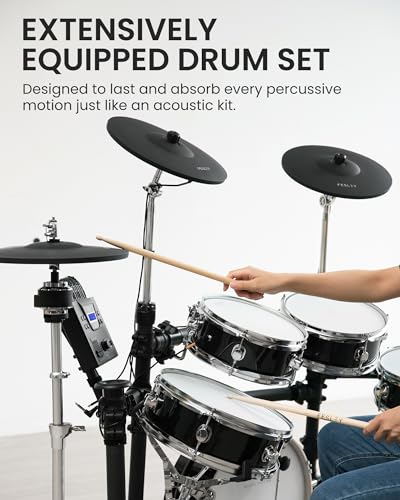 Fesley Electric Drum Set with Independent Kick Snare Drum HiHat Cymbal: Real Sample Sound Source, Bluetooth Electronic Drum Set with Dual Zone Mesh Drum Pad, Three Zone Cymbal Full Size Adult Drum Set