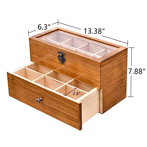 WELLAND Tea Box for Tea Bags Organizer, Tea Storage Chest with Clear Acrylic Window, 2-layer 14 Compartments Large Tea Organizer, Gift Idea