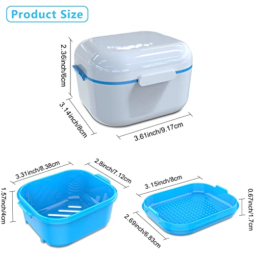 BVN Denture Case Denture Cup for Soaking Dentures Retainer Cleaner Case with Mirror Mouth Guard Case False Teeth Container White Blue