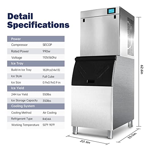 22" Commercial Ice Maker Machine 450LBS/24H with 350LBS Storage Bin, 990W SECOP Compressor, 182 Full Cube Ice Ready in 8-15 min, Air Cooled, Industrial Ice Machine for Business