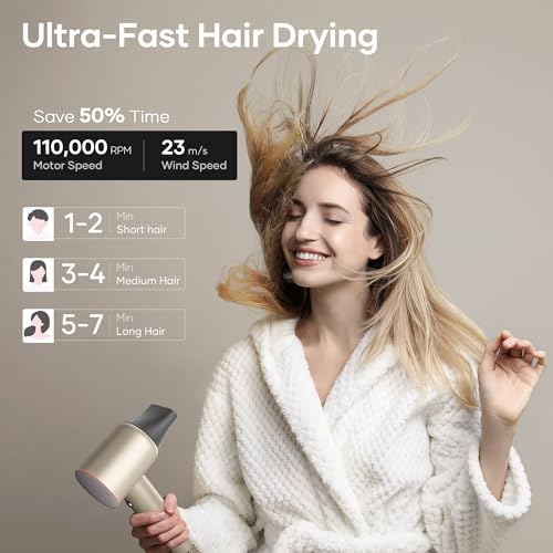 Professional Hair Dryer, 200 Million Negative Ionic Blow Dryer with 110000 RPM Brushless Motor, 1500W High-Speed HairDryer with Magnetic Nozzle & Diffuser for Salon, Home, Travel (Fortune Gold)