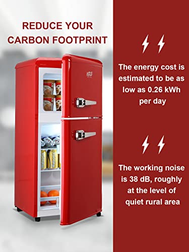 KRIB BLING 3.5 Cu.Ft Refrigerator 2 Door 7 Level Adjustable Thermostat Control Top-Freezer Refrigerator Lock Fresh Energy Saving Red