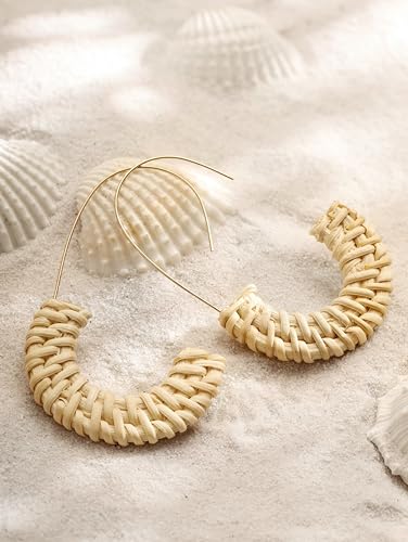 Boho Ethnic Handcrafted Wood Rattan Geometric Dangle Drop Earrings, Bohemian Summer Beach Statement Jewelry Gift for Women