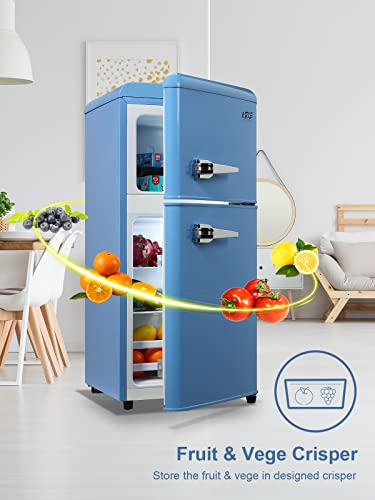 KRIB BLING 3.5 Cu.Ft Refrigerator 2 Door 7 Level Adjustable Thermostat Control Top-Freezer Refrigerator Lock Fresh Energy Saving Blue