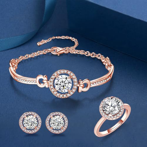 Women 4Pieces Cubic Zirconia Jewellery Set Rhinestone Necklace Earrings Bracelet Ring