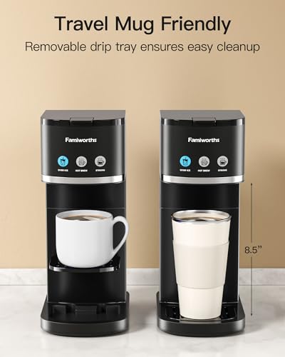 Famiworths Single Serve Coffee Maker, Iced and Hot Coffee Machine for K Cup & Ground Coffee, 6 to 16 Oz Brew Sizes, Fit 8.5" Travel Mug, Capsule Coffee Machine with Descaling Reminder, Black